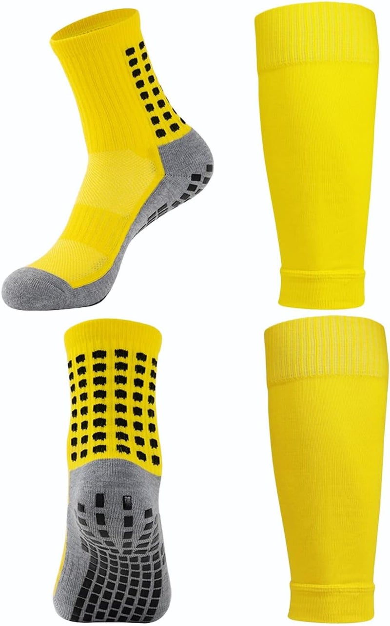 KMOLY 1 Set Kids Grip Soccer Socks and Shin Guard Sleeves for Age 7-14 Youth Boys Children Football Basketball Training - Image 1